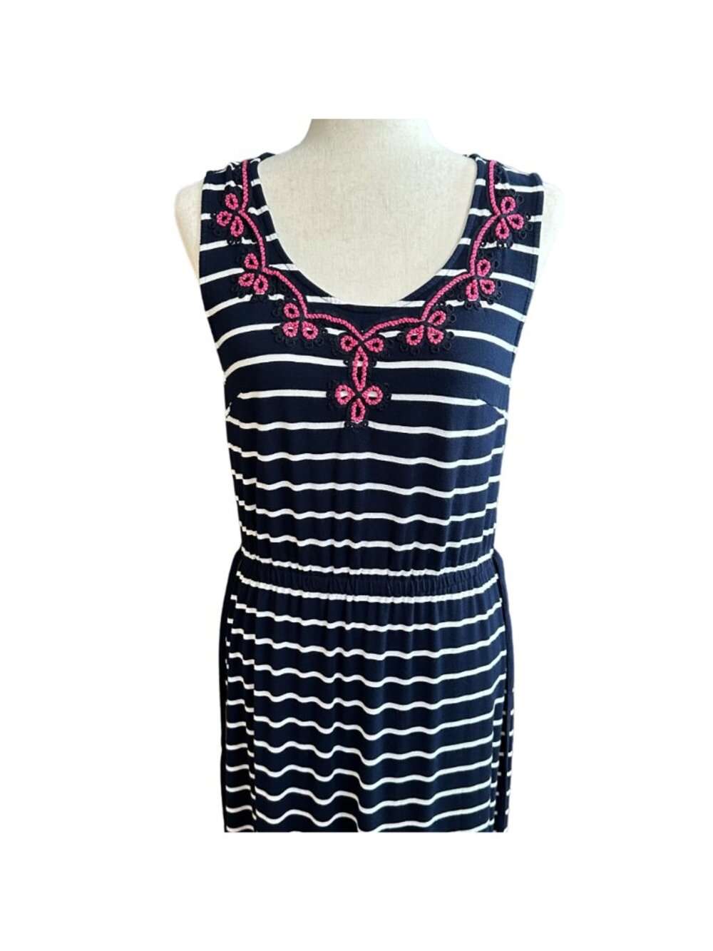 Talbots Dress Women M Petite Navy Blue White Striped Pink Embroidered Maxi Dress - Picture 2 of 16